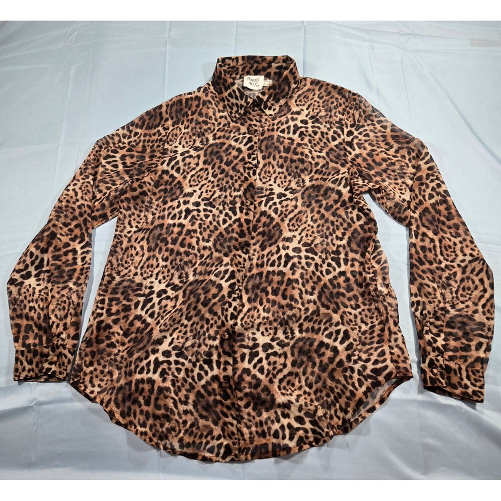 Princess Polly Leopard Print Button Down Blouse Brown Animal Long Sleeve Size 6